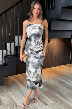 Multi Marble Print Ruched Side Strappy Midi Dress