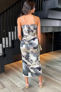 Multi Marble Print Ruched Side Strappy Midi Dress