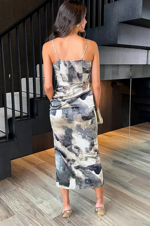 Multi Marble Print Ruched Side Strappy Midi Dress