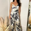Multi Marble Print Strappy Tie Waist Jumpsuit