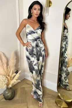 Multi Marble Print Strappy Tie Waist Jumpsuit
