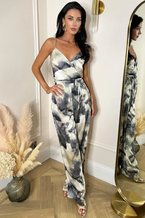 Multi Marble Print Strappy Tie Waist Jumpsuit