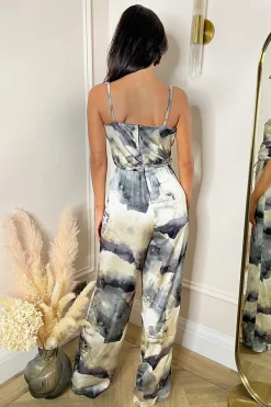 Multi Marble Print Strappy Tie Waist Jumpsuit