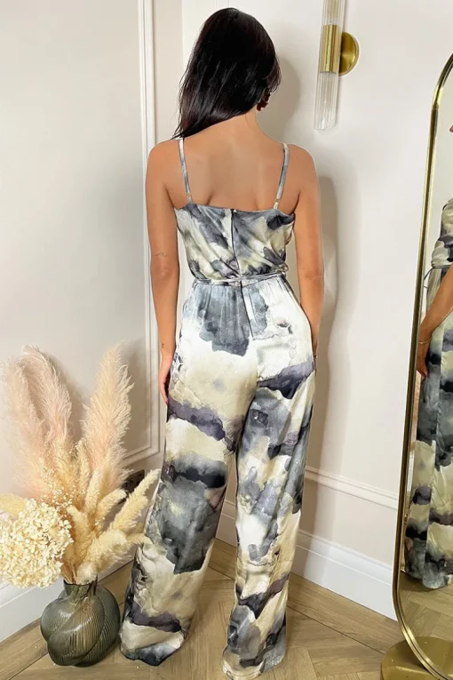 Multi Marble Print Strappy Tie Waist Jumpsuit