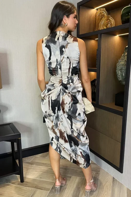 Multi Marble Print Wrap Top Gathered Skirt Midi Dress