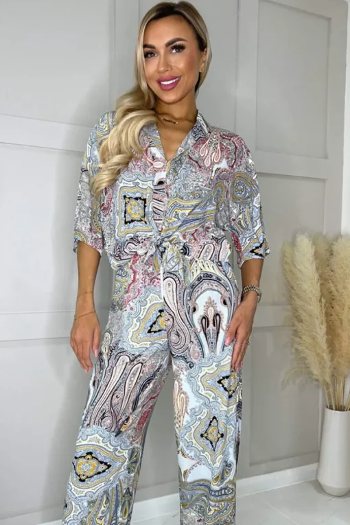 Multi Paisley Printed Tie Waist Crop Shirt