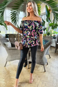 Multi Print Bardot Frill Sleeve Top