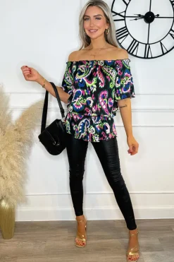 Multi Print Bardot Frill Sleeve Top