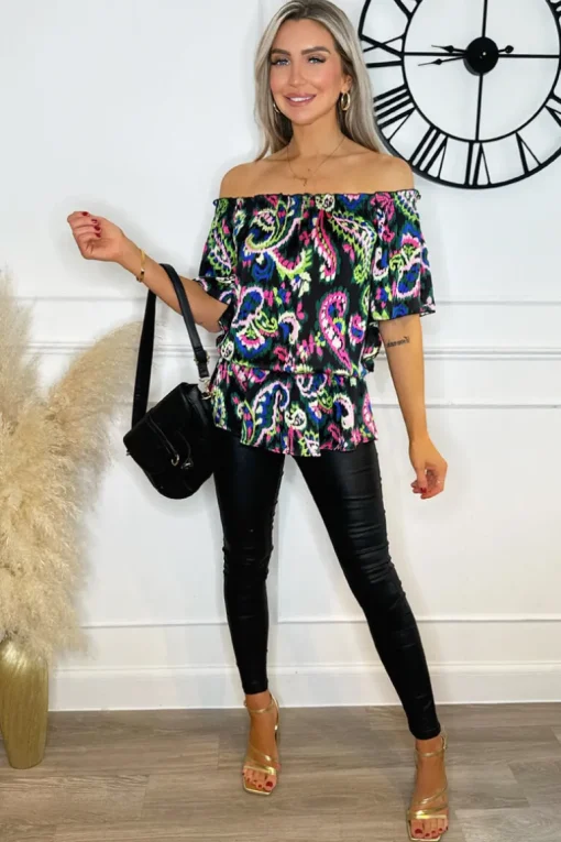 Multi Print Bardot Frill Sleeve Top