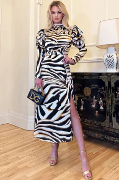 Multi Print High Neck Long Puff Sleeve Midi Dress