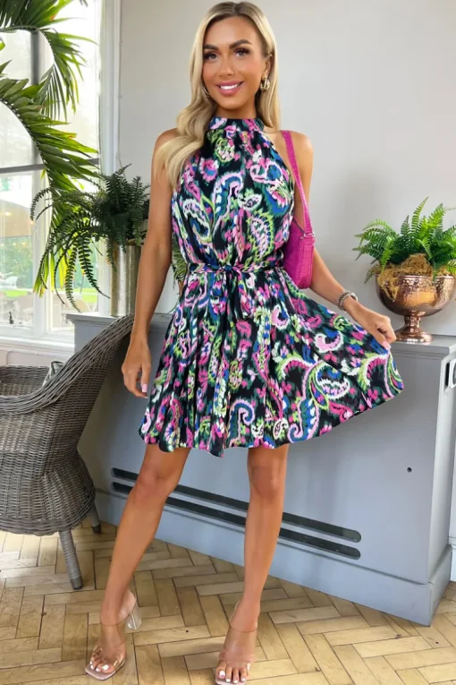 Multi Print High Neck Skater Dress