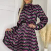 Multi Print Long Sleeve High Neck Belted Skater Dress