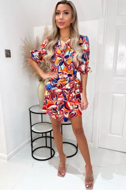 Multi Printed 3/4 Cuffed Sleeve Wrap Tie Mini Dress