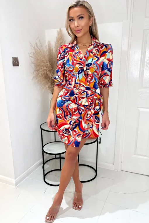 Multi Printed 3/4 Cuffed Sleeve Wrap Tie Mini Dress