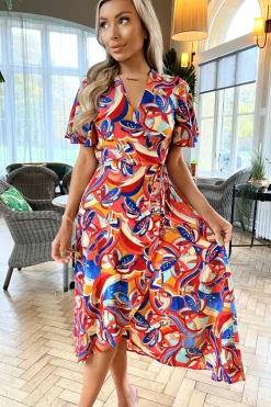 Multi Printed Butterfly Sleeve Wrap Midi Dress