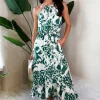 Multi Printed Frill Hem High Neck Midi Dress