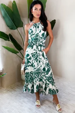 Multi Printed Frill Hem High Neck Midi Dress