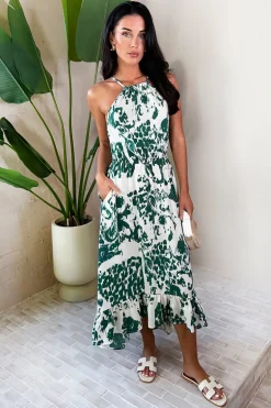 Multi Printed Frill Hem High Neck Midi Dress