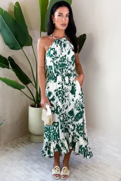 Multi Printed Frill Hem High Neck Midi Dress