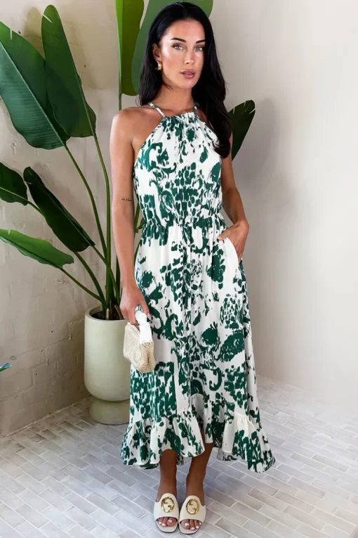 Multi Printed Frill Hem High Neck Midi Dress
