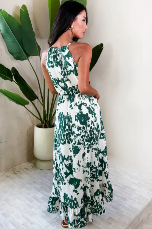 Multi Printed Frill Hem High Neck Midi Dress