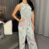 Multi Printed Sleeveless Knot Front Jumpsuit