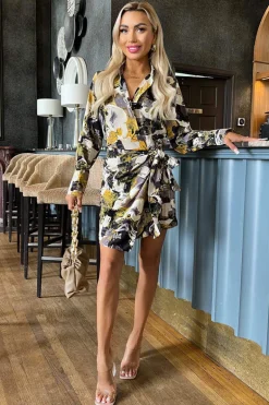 Multi Printed Wrap Mini Shirt Dress