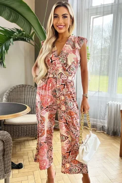 Multi Printed Wrap Top Short Sleeve Belted Jumpsuit