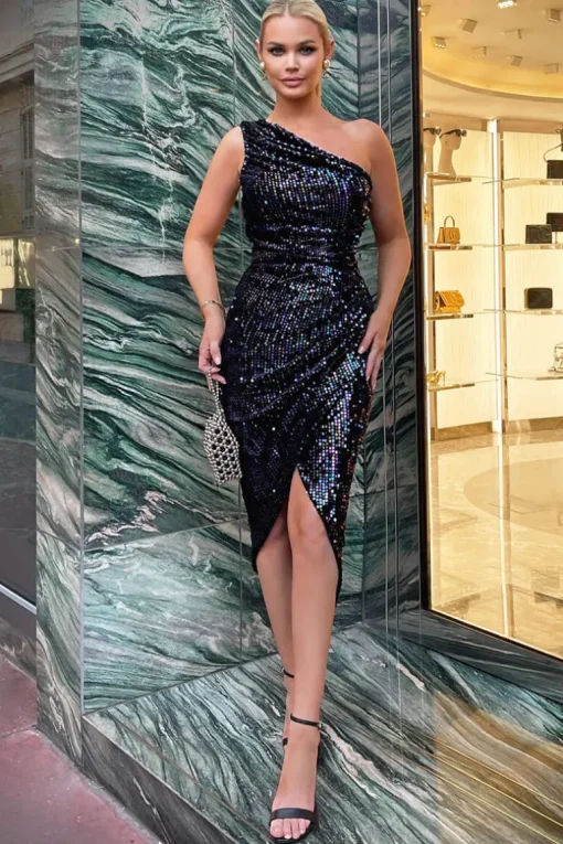 Multi Sequin One Shoulder Gathered Midi Dress