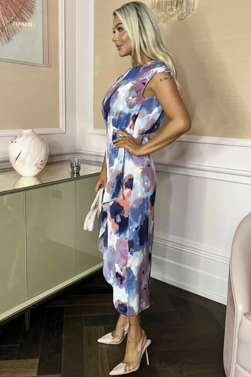 Multi Smudge Print Dipped Hem Midi Dress