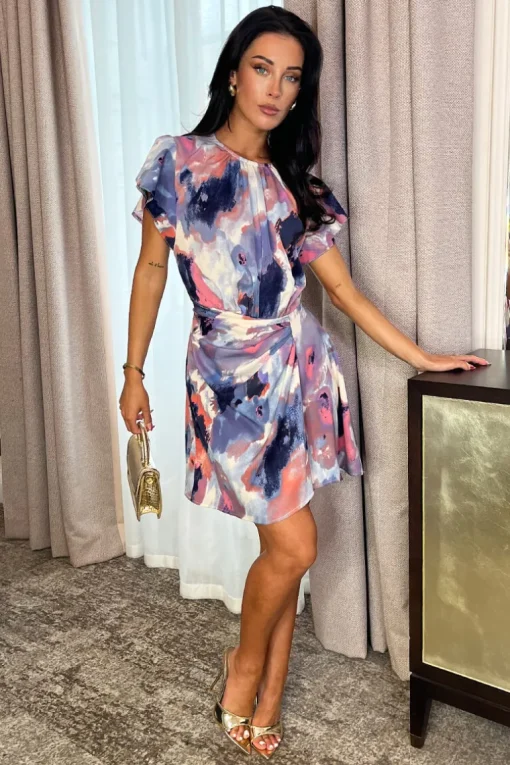 Multi Smudge Print Flutter Sleeve Gathered Side Mini Dress