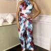 Multi Smudge Print  Halter Neck Knot Skirt Midi Dress