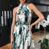 Multi Smudge Print Halterneck Tie Waist Mini Dress