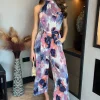 Multi Smudge Print Halter Neck Tie Waist Jumpsuit