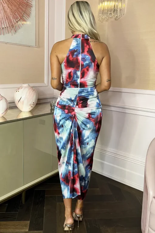 Multi Smudge Print  Halter Neck Knot Skirt Midi Dress
