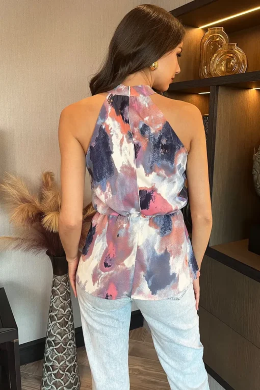 Multi Smudge Print Halter Neck Peplum Top