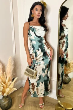 Multi Smudge Print Ruched Side Strappy Midi Dress