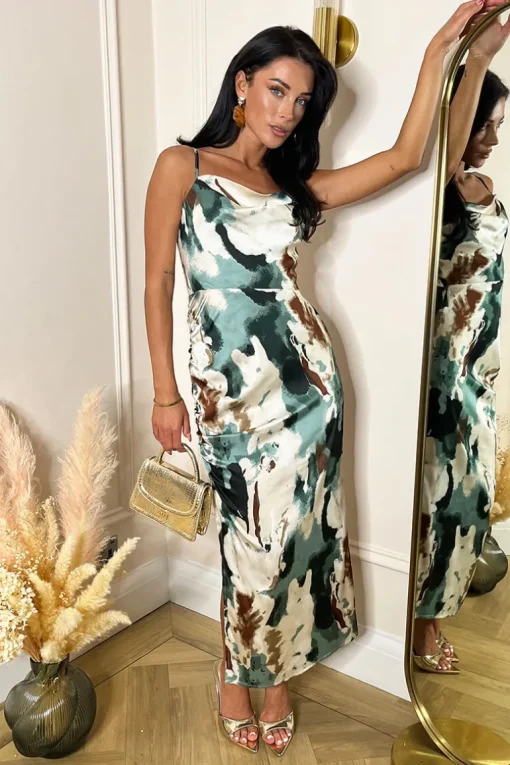 Multi Smudge Print Ruched Side Strappy Midi Dress