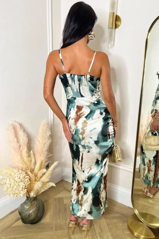 Multi Smudge Print Ruched Side Strappy Midi Dress