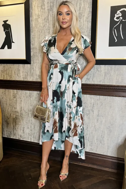 Multi Smudge Print Short Sleeve Belted Wrap Midi Dress