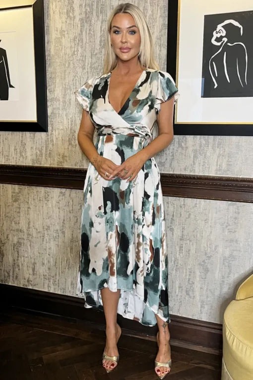 Multi Smudge Print Short Sleeve Belted Wrap Midi Dress