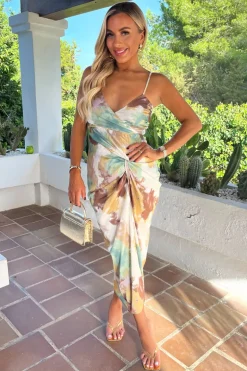 Multi Smudge Print Strappy Wrap Top Knot Skirt Midi Dress