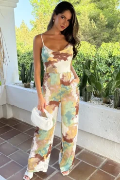 Multi Smudge Print Strappy Cowl Neck Jumpsuit