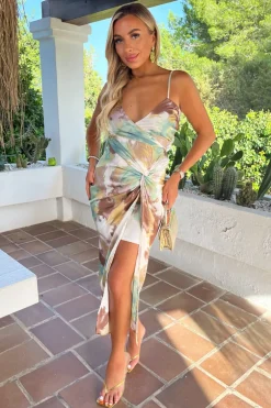 Multi Smudge Print Strappy Wrap Top Knot Skirt Midi Dress