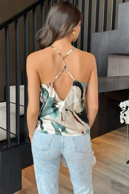 Multi Smudge Print Strappy Cowl Neck Twist Back Cami Top