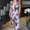 Multi Smudge Print Wrap Top Belted Jumpsuit