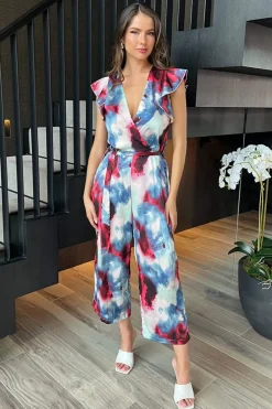 Multi Smudge Print Wrap Top Belted Jumpsuit