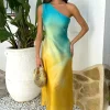 Multi Sunset Ombre One Shoulder Open Back Twist Detail Midi Dress