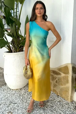 Multi Sunset Ombre One Shoulder Open Back Twist Detail Midi Dress