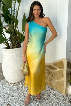 Multi Sunset Ombre One Shoulder Open Back Twist Detail Midi Dress